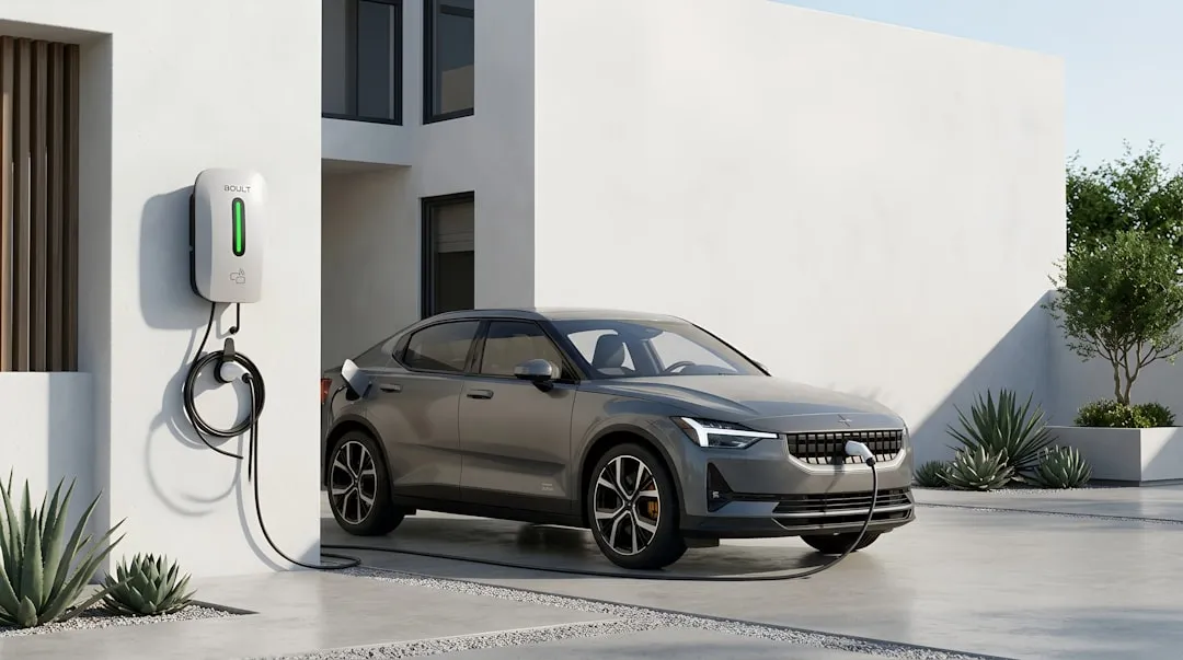 Electric car charging at a modern home.